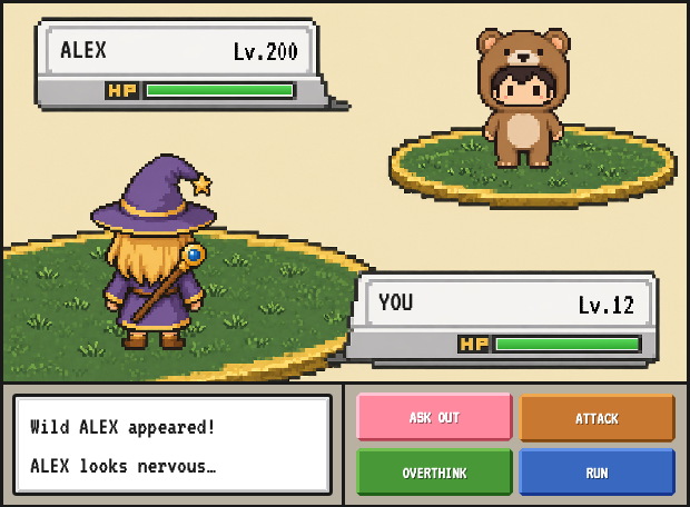Gameplay preview: crush appears, choose ASK OUT, ATTACK, OVERTHINK or RUN